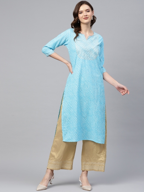 

Readiprint Fashions Women Blue & White Leheriya Print & Embroidered Cotton Kurta