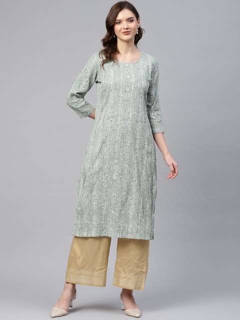 

Readiprint Fashions Women Mint Green & White Ethnic Print Cotton Kurta with Gotta Patti