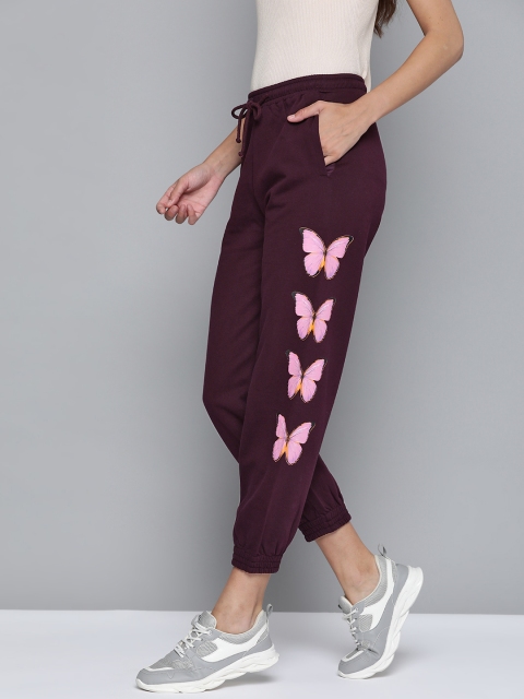 

VividArtsy Women Burgundy Printed Pure Cotton Joggers