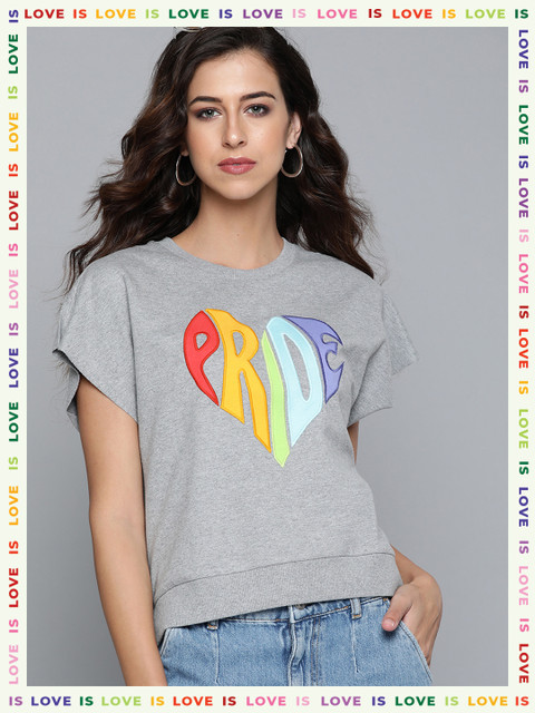 

VividArtsy Women Grey Melange & Mustard Yellow Pure Cotton Printed Applique T-shirt