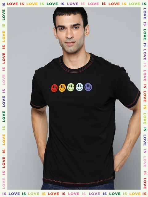 

VividArtsy Unisex Black Smiley Printed Loose T-shirt