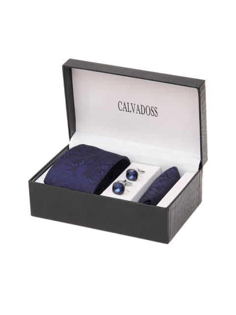 

Calvadoss Men Navy Blue Tie, Cufflinks and Pocket Square Gift sets