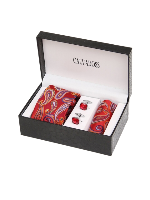 

Calvadoss Men Red Premium Tie, Cufflinks and Pocket Square Gift sets