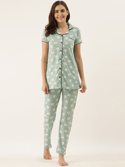 

GOLDSTROMS Women Green & White Conversational Printed Night suit