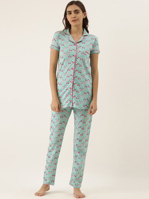 

GOLDSTROMS Women Sea Green & Pink Conversational Printed Night suit