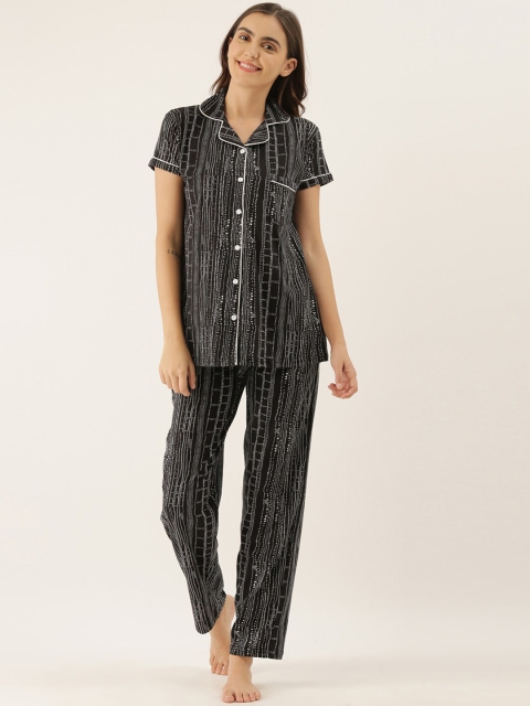 

GOLDSTROMS Women Black & White Abstract Printed Night suit