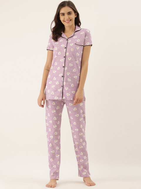 

GOLDSTROMS Women Lavender & White Conversational Printed Night suit
