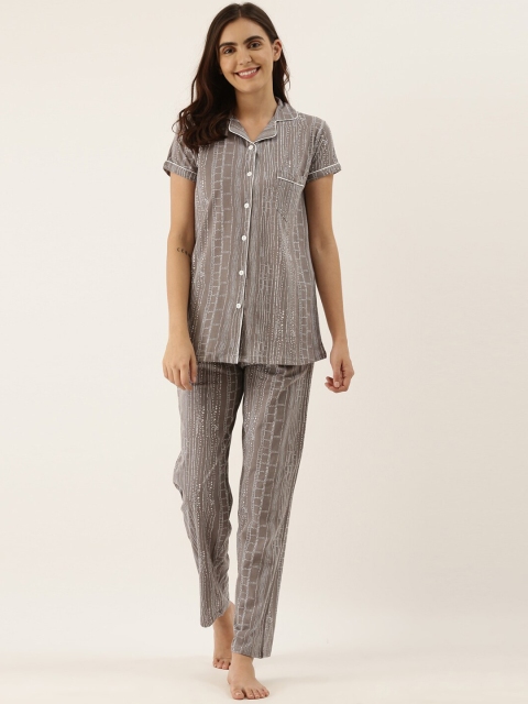 

GOLDSTROMS Women Grey & Off White Abstract Printed Night suit