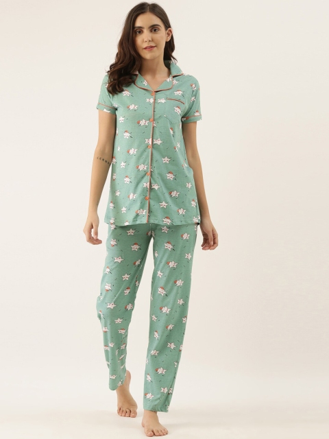 

GOLDSTROMS Women Green & Cream-Coloured Conversational Printed Night suit