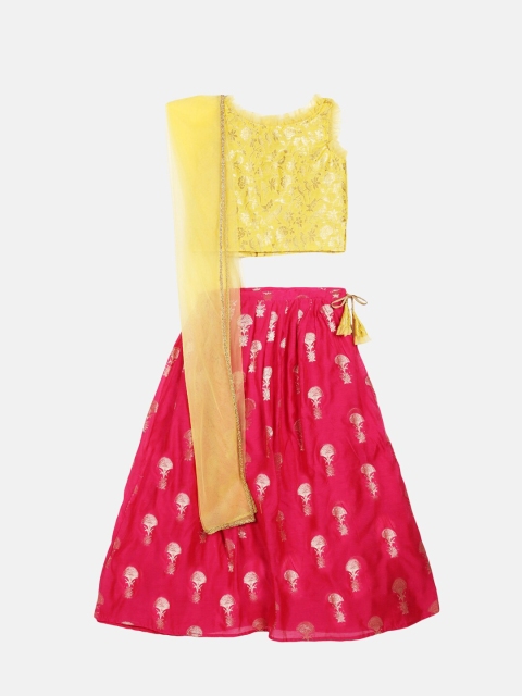 

Meringue Girls Pink & Yellow Ready to Wear Chanderi Silk Lehenga & Blouse With Dupatta