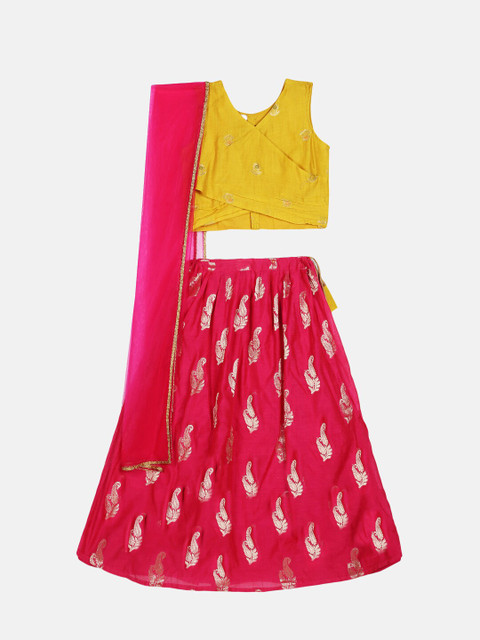 

Meringue Girls Pink & Mustard Foil Print Ready to Wear Lehenga & Blouse With Dupatta