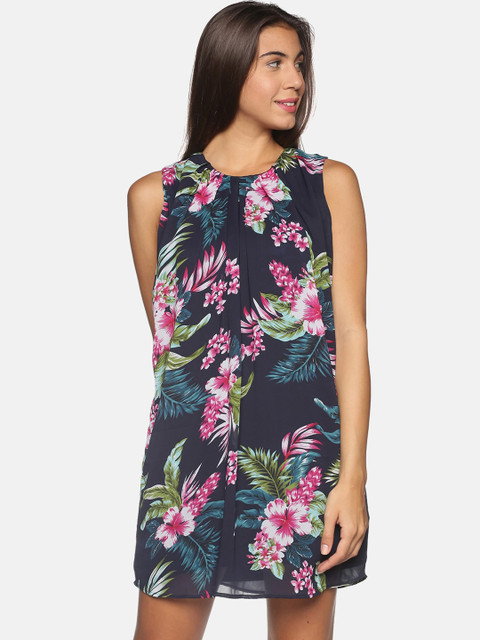 

BEVERLY BLUES Navy Blue & Pink Floral Georgette A-Line Dress