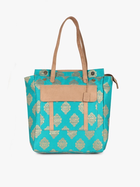 

Vdesi Green & Gold-Toned Ethnic Motifs Printed Suede Oversized Reversible Shopper Tote Bag