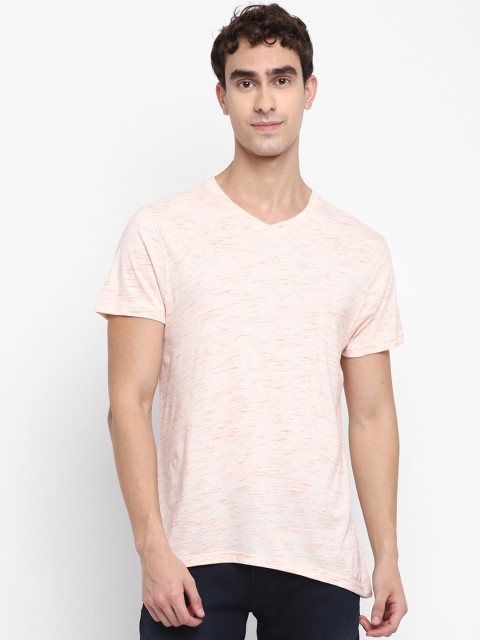 

American Crew Men Peach-Coloured Self Design V-Neck T-shirt