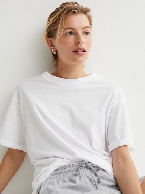 

H&M Women White Turn-Up-Sleeve Pure Cotton T-shirt