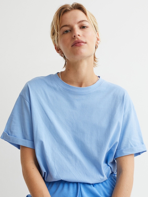 

H&M Women Blue Turn-Up-Sleeve T-shirt