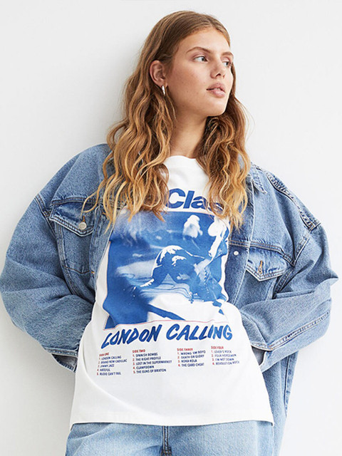 

HM Women White Oversized Printed Pure Cotton T-shirt