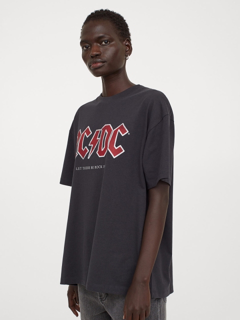 

HM Women Grey AC DC Oversized Printed Pure Cotton T-shirt