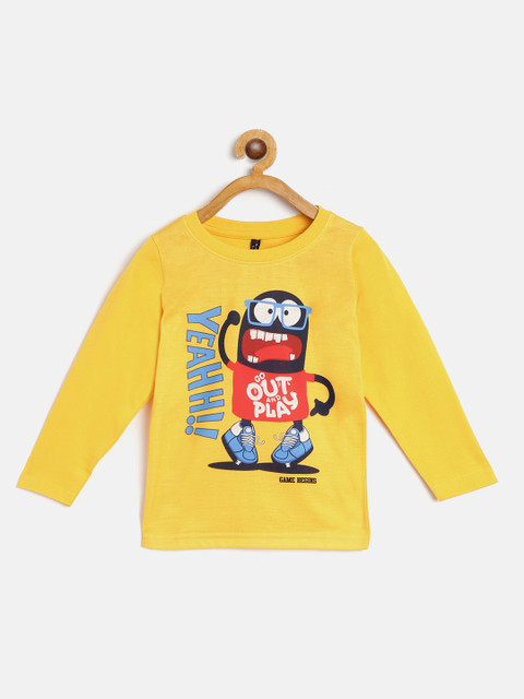 

GAME BEGINS Boys Mustard Yellow Red Pure Cotton Printed Pure Cotton T-shirt with Mask