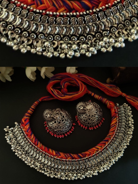 

Binnis Wardrobe Set of Silver-Toned & Red German Silver Choker Necklace & Earrings