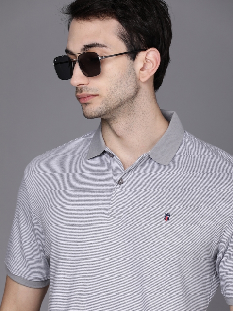 

Louis Philippe Sport Men Grey & White Cotton Striped Polo Collar T-shirt