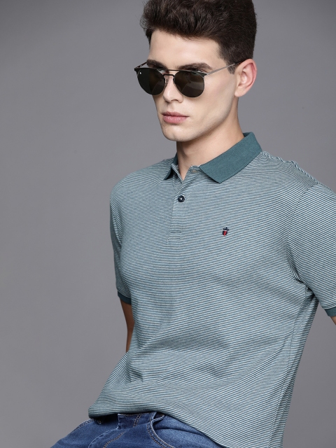 

Louis Philippe Sport Men Teal & White Striped Polo Collar T-shirt