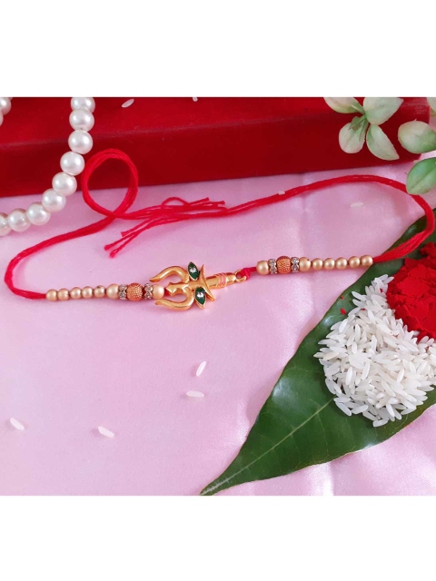 

Menjewell Red & Gold-Toned Stone Studded Trishul Textured Rakhi with Chawal Roli
