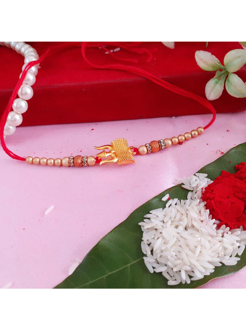 

Menjewell Red & Gold-Toned Damru Textured Stone Studded & Beaded Rakhi & Chawal Roli