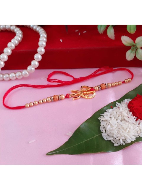

Menjewell Red & Rose Gold-Toned Om Trishul Stone Studded Beaded Rakhi & Roli Chawal
