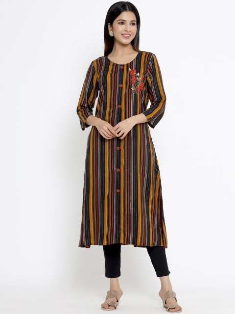 

DIVYANK Women Multicolour Vertical Striped & Embroidered A-Line Kurta, Black