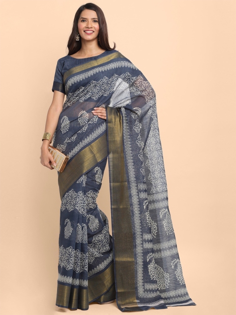 

KALINI Blue Ethnic Motifs Linen Blend Saree
