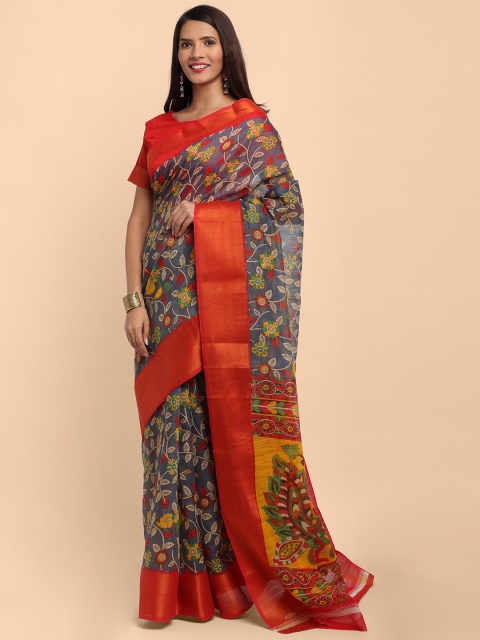 

KALINI Grey & Red Ethnic Motifs Printed Linen Blend Saree