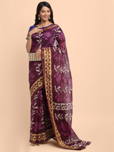 

KALINI Purple & Beige Floral Linen Blend Saree