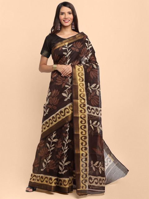 

KALINI Brown & Beige Floral Zari Linen Blend Saree