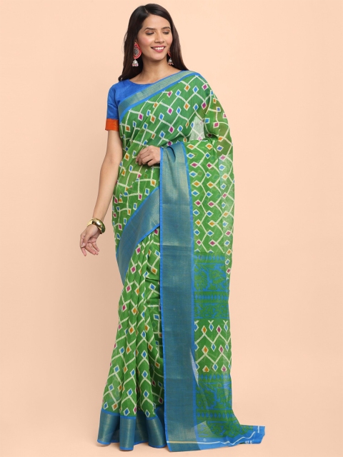 

KALINI Green & Blue Ethnic Motifs Linen Blend Saree