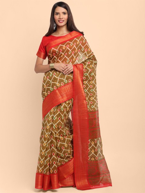 

KALINI Brown & Red Geometric Printed Zari Woven Border Saree