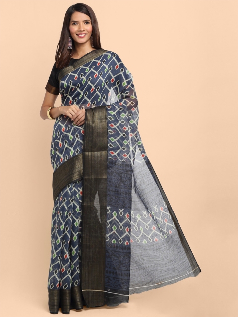 

KALINI Navy Blue Floral Linen Blend Saree