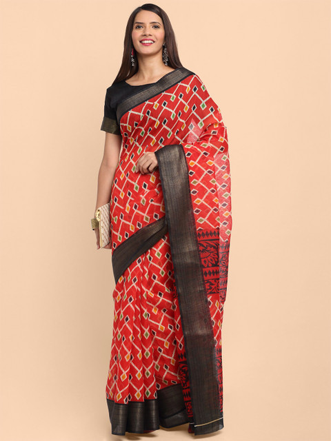 

KALINI Red Geometric Printed Linen Blend Saree