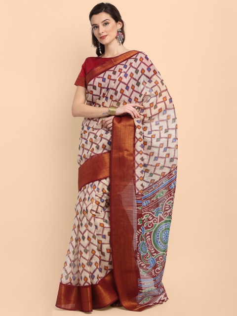 

KALINI Maroon & Cream-Coloured Linen Blend Saree