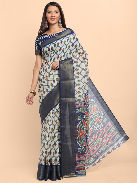 

KALINI Navy Blue & Red Ethnic Motifs Printed Zari Linen Blend Saree