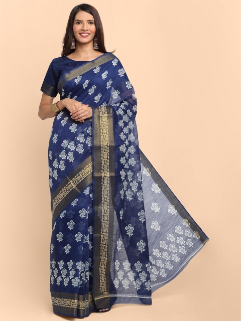 

Kalini Women Blue Linen Blend Floral Batik Printed Saree