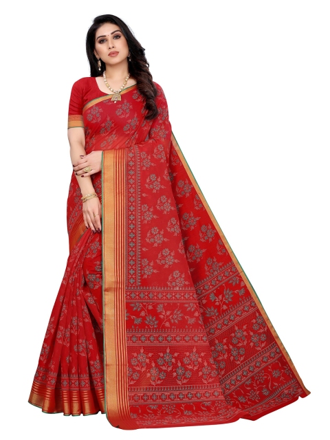 

KALINI Red & Grey Floral Linen Blend Saree