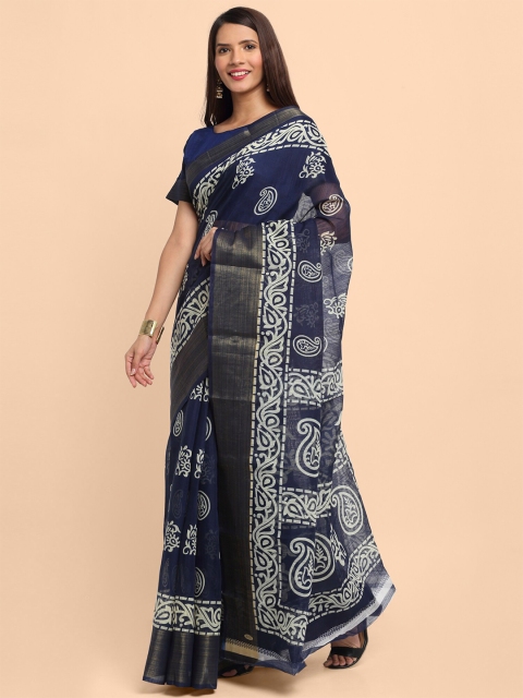 

KALINI Blue Ethnic Motifs Printed Linen Blend Saree