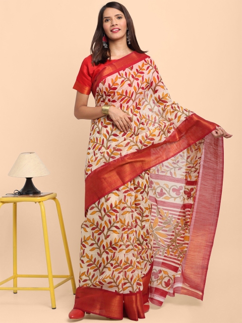 

KALINI Red & Mustard Floral Printed Linen Blend Saree