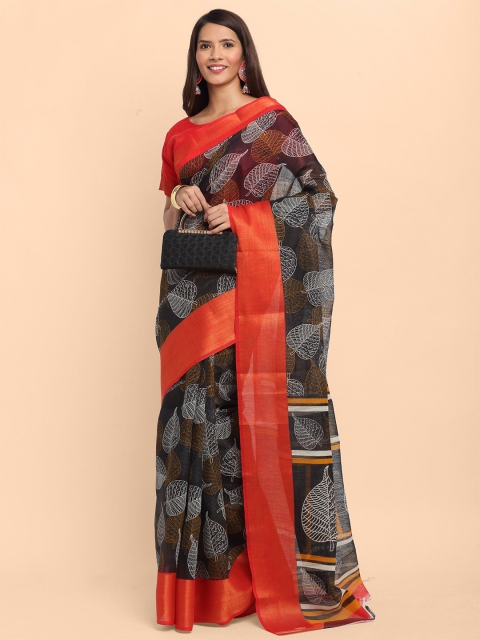 

KALINI Black & Orange Floral Linen Blend Saree