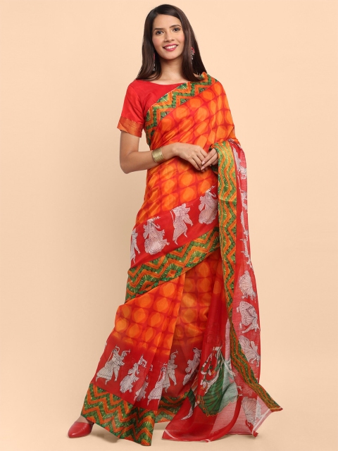 

KALINI Red & Green Kalamkari Printed Linen Blend Saree
