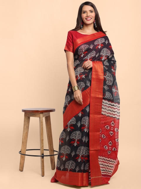 

KALINI Black & White Kalamkari Linen Blend Saree