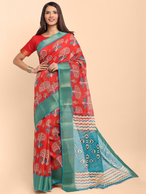 

KALINI Red & Blue Kalamkari Linen Blend Saree