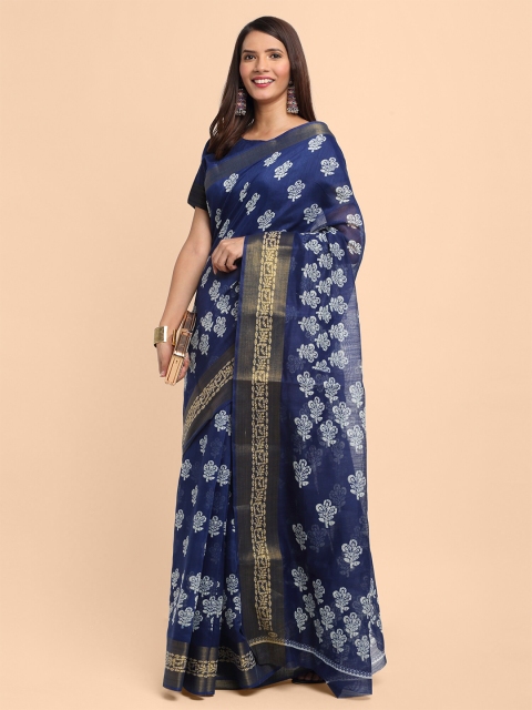 

KALINI Blue & White Ethnic Motifs Printed Zari Border Linen Blend Saree