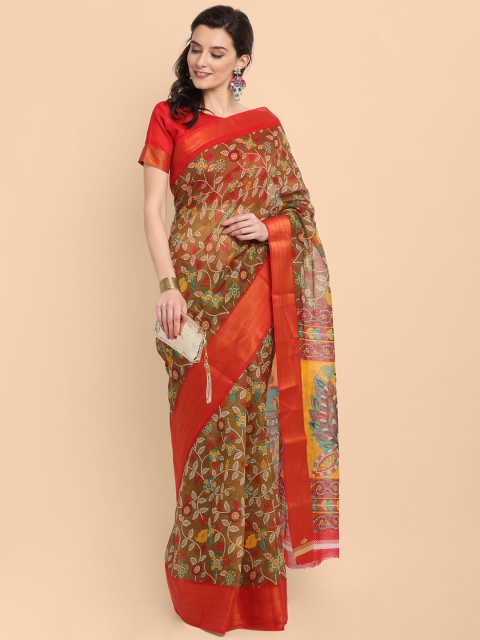 

Kalini Women Brown & Red Linen Blend Floral Printed Saree